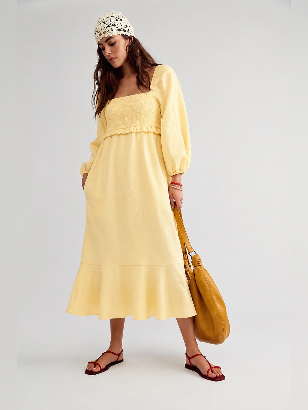 NWOT 7 For All Mankind Butter Yellow Cotton-Linen Puff Sleeve Smocked Midi Dress